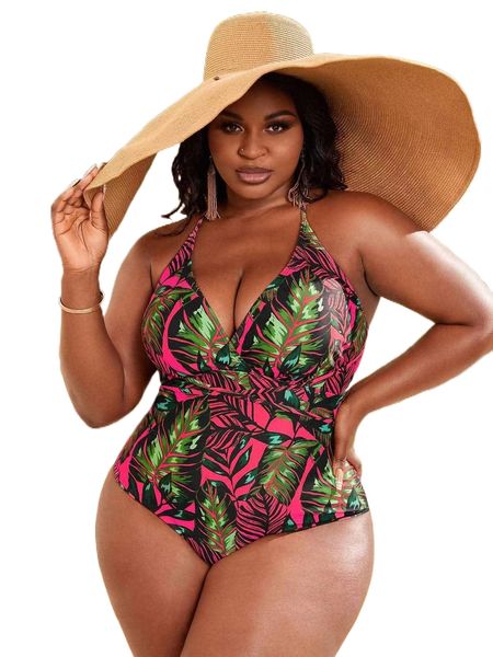 

plus tropical print cross back one piece swimsuit y1nn#, White;black