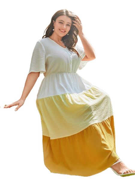 

plus color block ruffle hem dress k21h#, Black