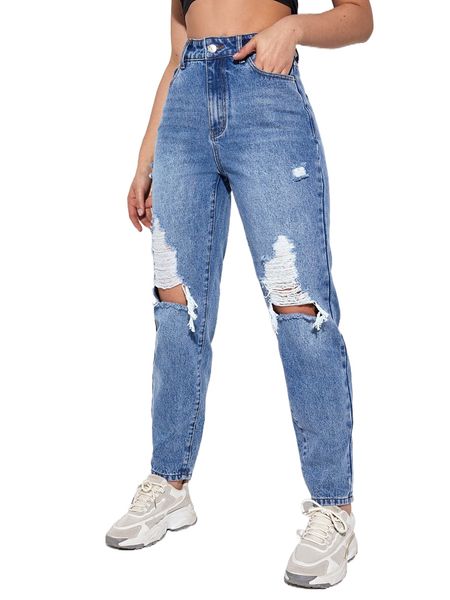 

high waist ripped cut out mom fit jeans 8610#, Blue