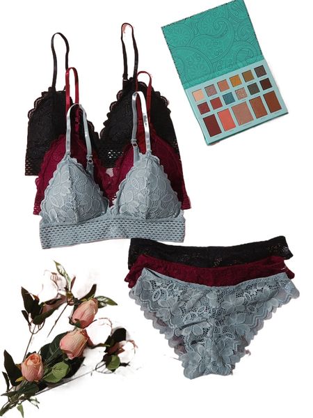 

3sets floral lace lingerie set j6ta#, Black;red