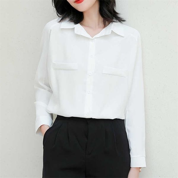 

fashion solid color pockets office ladies shirts women's blouses spring summer casual long sleeve blusas mujer 210702, White