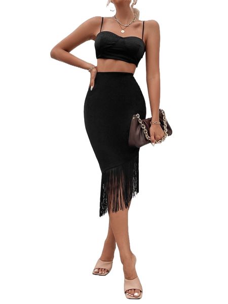 

high waist fringe hem skirt y6gg#, Black