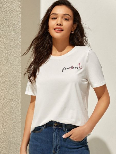 

letter embroidered round neck tee v0lq#, White