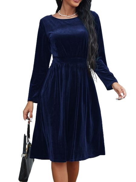 

solid velvet a-line dress k6i9#, Black;gray