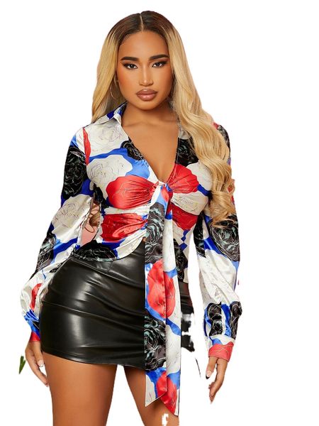 

sxy collared tie front floral print blouse i55z#, White