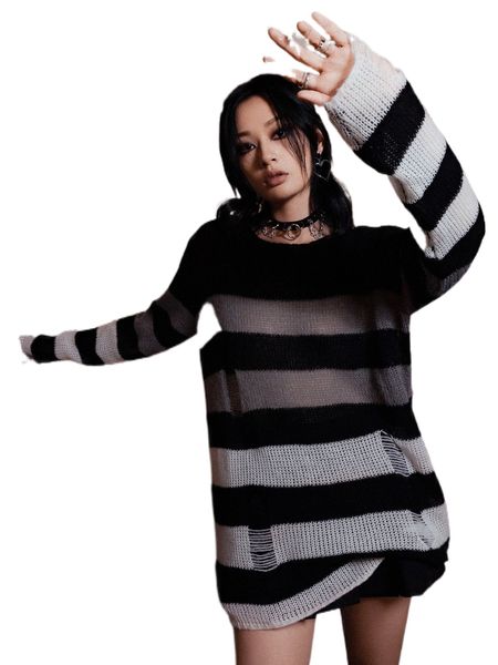 

romwe dark academia striped pattern distressed knit dress f26s#, White;black