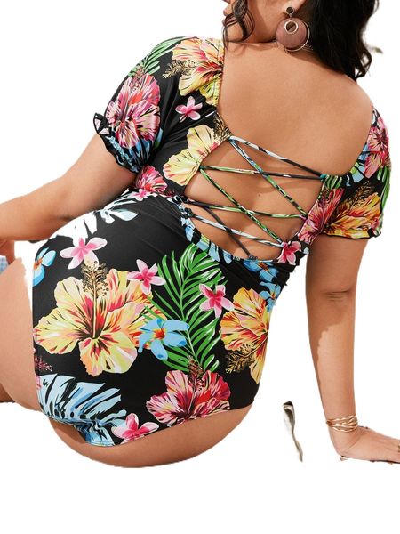 

plus tropical print lattice one piece swimsuit h3ch#, White;black