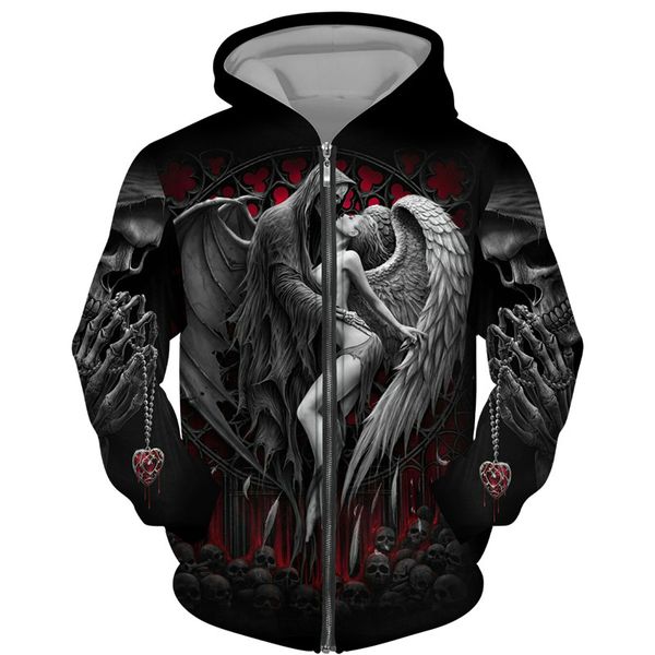 Moletom moletons masculinos tatuagem de crânio legal 3D em todo o capuz preto impressa Jacketack Unisex Zipper gótico Sweatshirt Personalidade Pullover Street Wear 230206