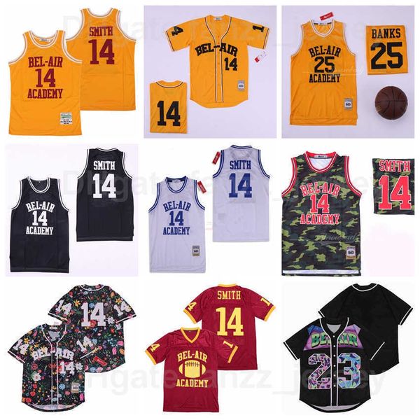 Moive Taze Prens Basketbol 14 Will Smith Formaları Bel-Air (Bel Air) Akademi Giysileri TV Sitcom Nefes Alabilir Takımı Sarı Siyah Kırmızı Beyaz Saf Pamuk Yüksek/Üst
