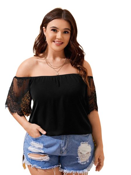 

plus off shoulder eyelash lace panel blouse 84m3#, Black