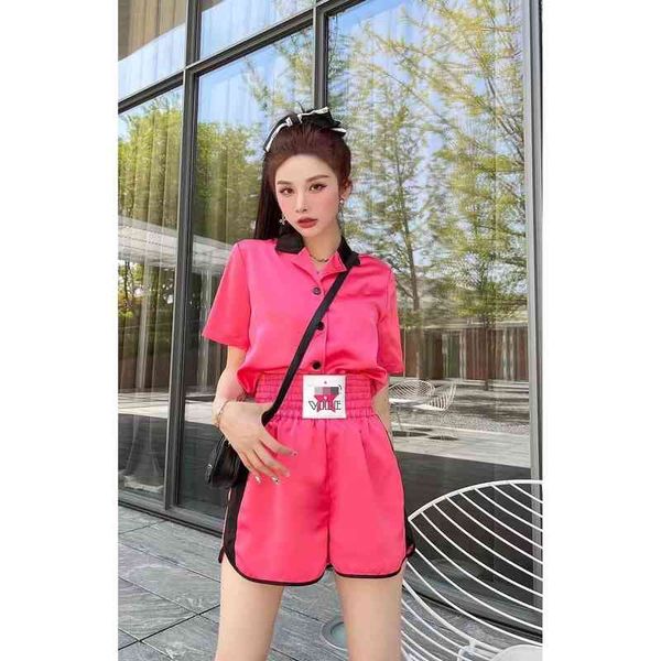 

women's tracksuits chaopai spring and summer color contrast collar short sleeve shirt three-dimensional star rubber band side splicing, Gray