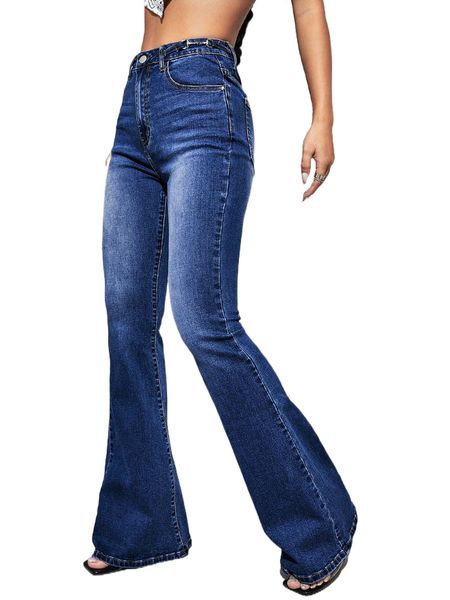 

high waist flare leg jeans t0on#, Blue