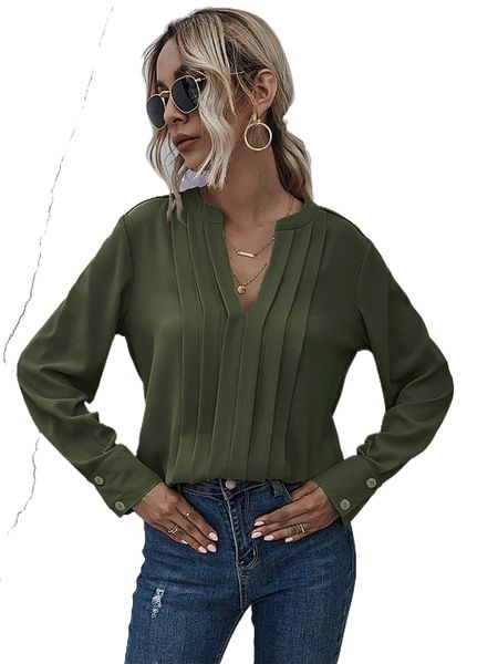 

notched neck pleated decoration blouse u6fx#, White