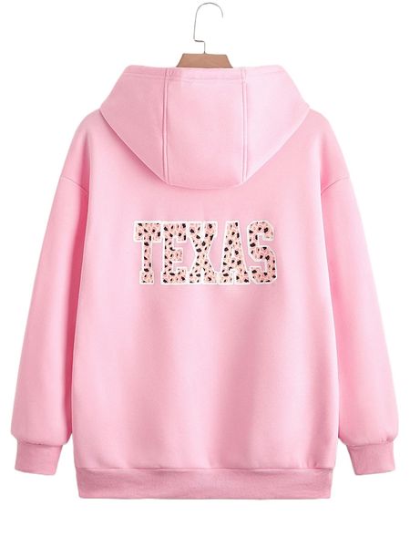 

leopard letter graphic drop shoulder drawstring hoodie 57mm#, Black