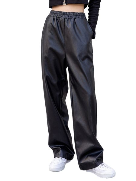 

dazy elastic waist pu leather pants t7nu#, Black;white