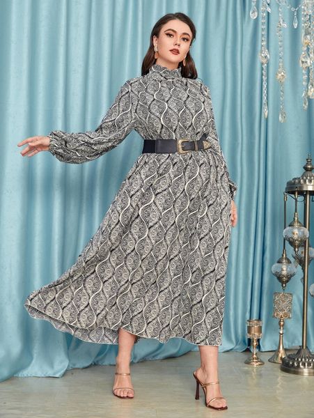 

plus allover print mock neck dress with belt 79lb#, Black