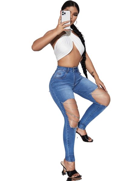 

sxy cut out chain detail bleach raw trim wash skinny jeans 62et#, Blue