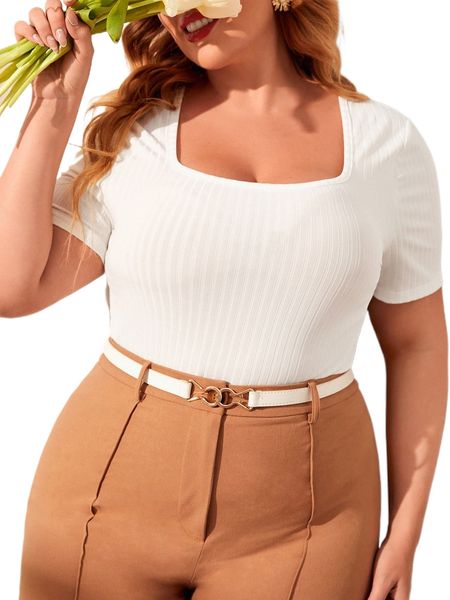 

plus square neck rib knit tee 902f#, Black