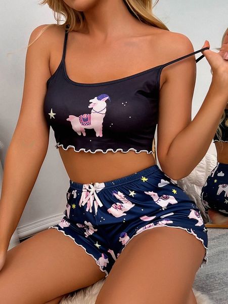 

sheep print lettuce trim cami pajama set y91s#, Black;red