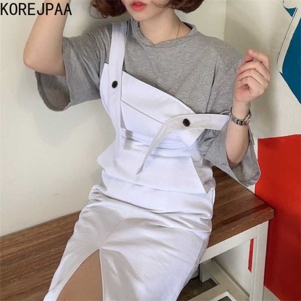 

korejpaa women dress korea chic summer joker slim multi-pocket design split over knee long strap dresses female 210526, Black;gray