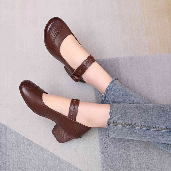 

dress shoes spring national style leather thick heel women's shoes middle soft sole mother's middle-aged and elderly single nm43, Black