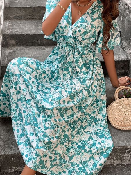 

allover floral bell sleeve belted ruffle hem dress e9b9#, Black;gray