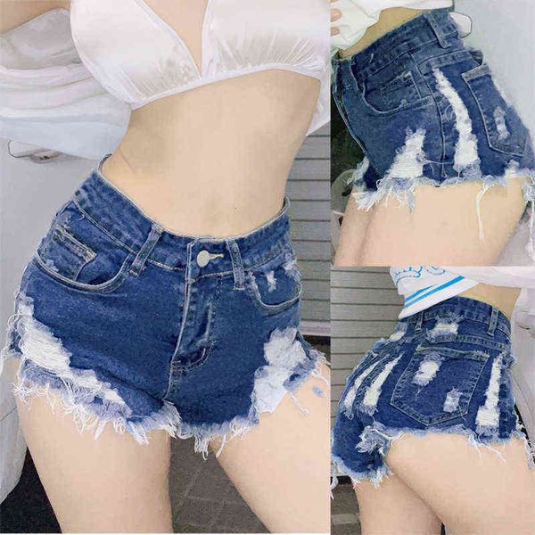 

denim 4006# shorts hole high waist loose jeans stretch plus size, Blue