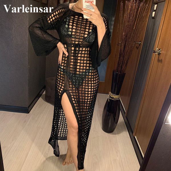 

2022 crochet tunic beach dress cover-ups summer women beachwear hollow out knitted swimsuit cover up beach long dress v1322, White;black