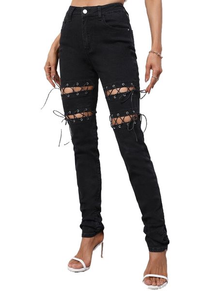 

high waist eyelet lace up knot skinny jeans p2wd#, Blue