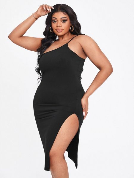 

sxy plus slit thigh one shoulder dress v3kf#, Black
