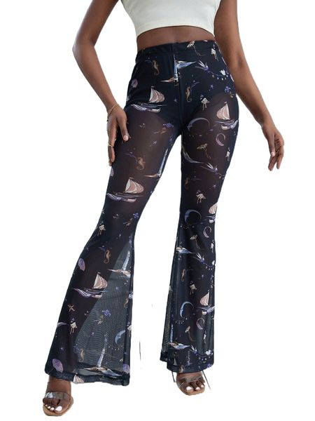 

boat & moon print flare leg mesh panty insert pants b1ng#, Black;white