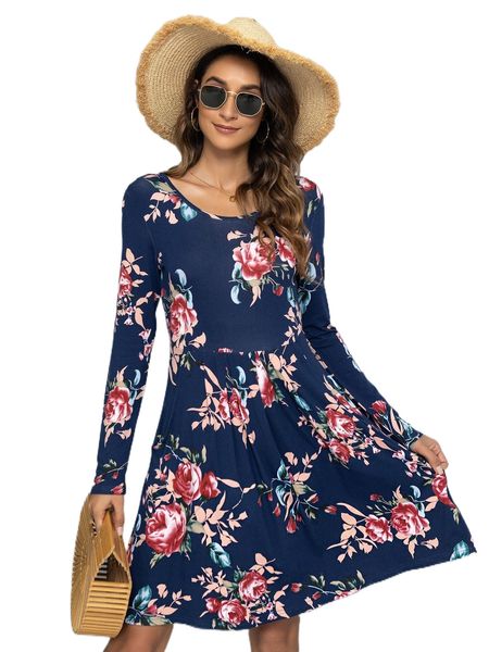 

dearcase floral print slant pocket plicated hem dress e7yg#, Black;gray