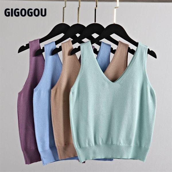 

gigogou v neck knitted crop women's shirt plus size tank underwear casual streetwear clothing for 220316, White