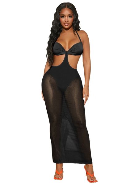 

sxy ruched bust tie backless split hem panty insert halter mesh dress n6kv#, Black;gray