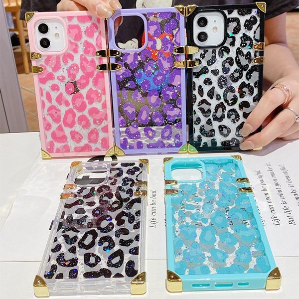 Capas de telefone quadradas de metal Leopard Designer capa traseira Clear Plaid Lady Protector case para iPhone 13 13pro max 12 12pro 11 11pro X Xs XR 7 7p 8 8plus