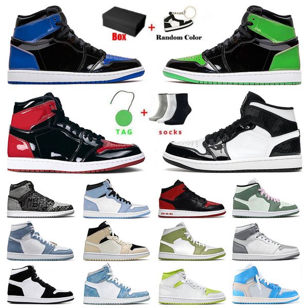 

1 1s patent leather designer jumpman basketball shoes for mens womens chicago reimagined panda retro denim mid dutch green sneakers with box, White;red