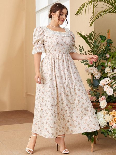 

plus embroidery mesh ruffle trim ditsy floral dress 65d3#, Black
