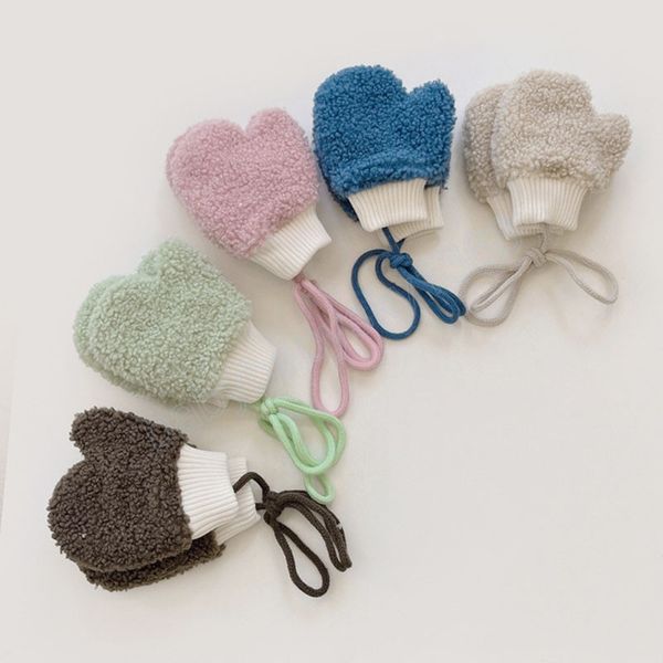 

winter warm plush thick mittens baby gloves with lacing lamb wool soft girls boys mitten toddler children full finger gloves, White
