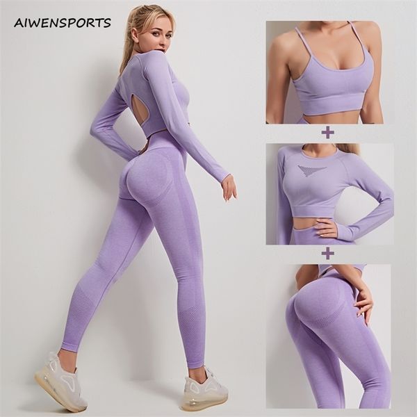 

3pcs/set purple black green gray 2 piece seamless yoga set back hole design gym clothing legging sport wear workout outfit 220317