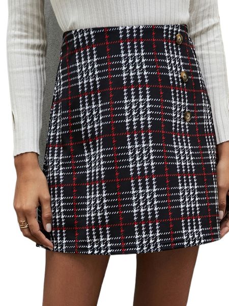 

glen plaid straight skirt i7yd#, Black