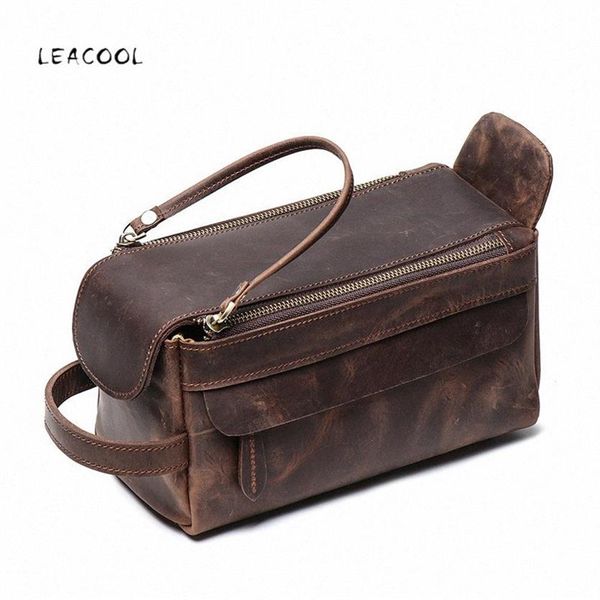 

leacool crazy horse cow leather cosmetic bag for men travel toiletry bag large capacity wash bags man's make up bags organize239q