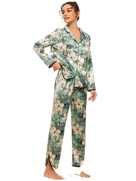 

tropical print blouse & pants pj set g23t#, Black;red