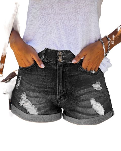 

denim shorts for women mid waisted folded hem ripped jean shorts t6no#, White;black