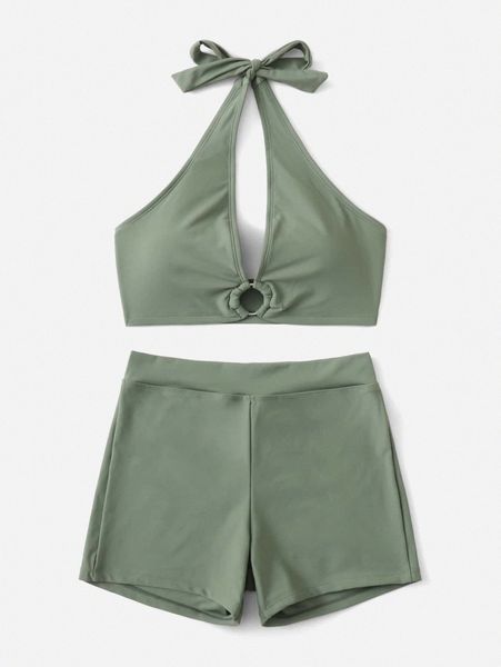 

ring linked halter shorts bikini swimsuit s8ho#, White;black