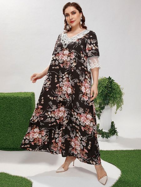 

plus contrast lace floral print tunic dress n73d#, Black
