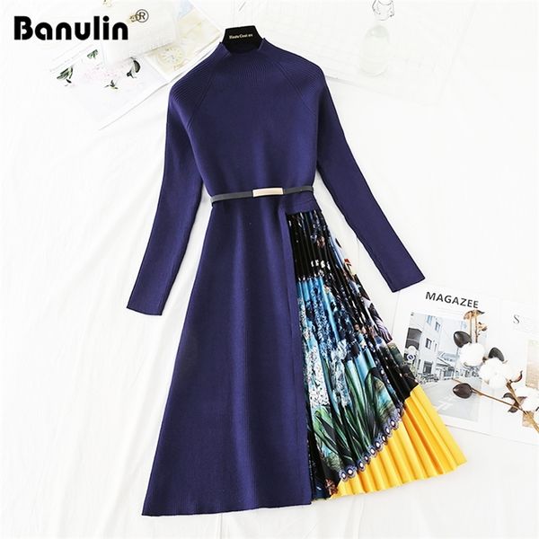 

elegant knitted sweater patchwork pleated dress autumn winter long sleeve floral print women dress office lady casual midi dress 210319, Black;gray