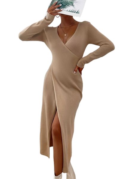 

surplice neck wrap sweater dress without belt 43wc#, White;black