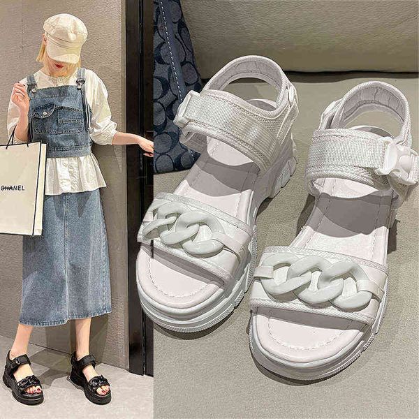 

sports sandals women's summer flat bottom 2022 new net red students korean version of the thick-soled beach shoes women y220426, Black