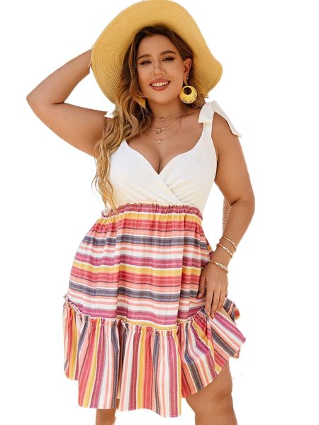 

plus colorful striped tie shoulder shirred back ruffle hem cami dress x1gr#, Black