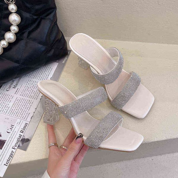 

slipper transparent thick heel crystal women 2023 summer new korean open toe stra dre casual high 220622, Black